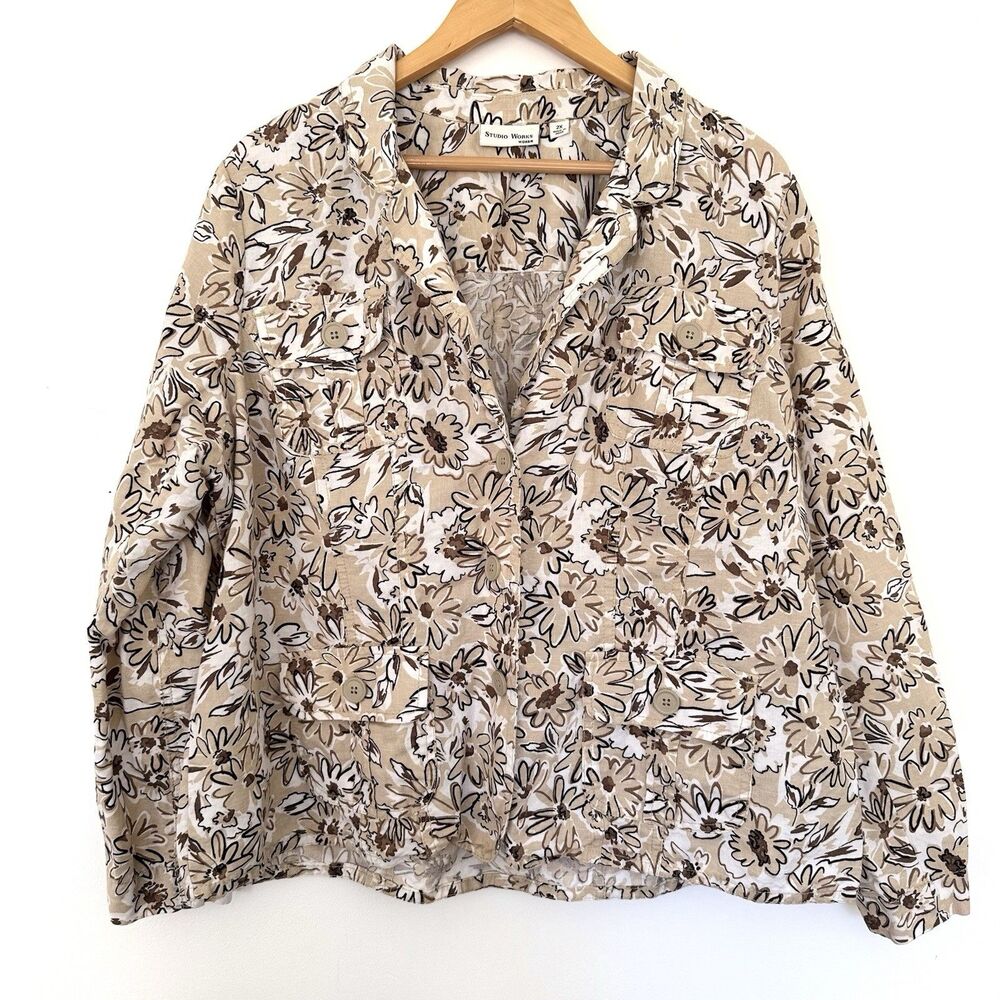 Vintage Studio Works Floral Linen Jacket Beige Brown White Shacket Women 2X Top